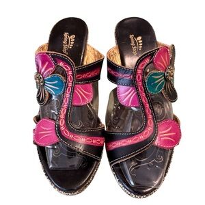 L'Artiste Spring Step Largo Women Black Floral Leather Wedge Sandals 41/ 8.5.